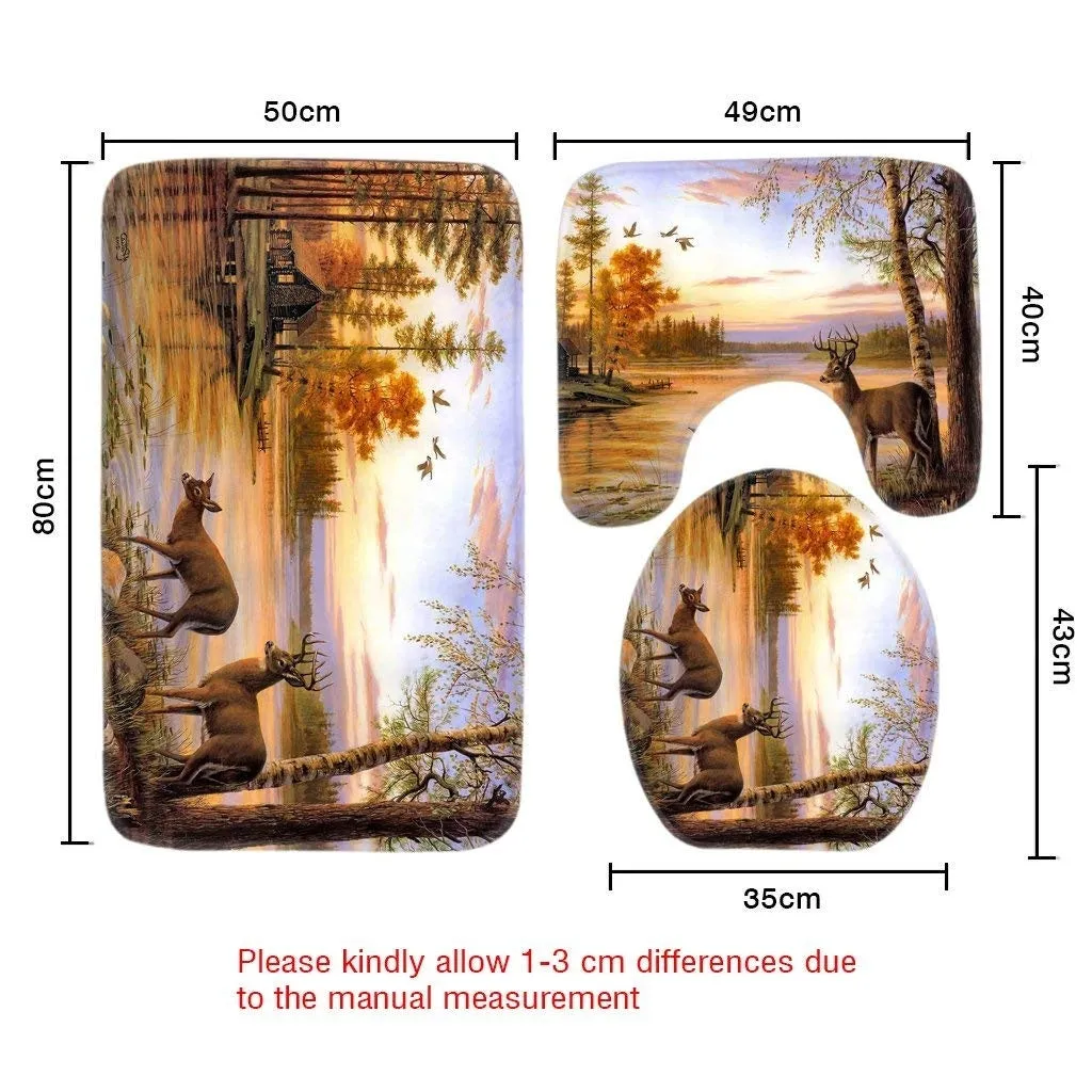 Animals Deers River Forest Bathroom Carpet Rug,Non-Slip 3 Piece Bathroom Mat Set