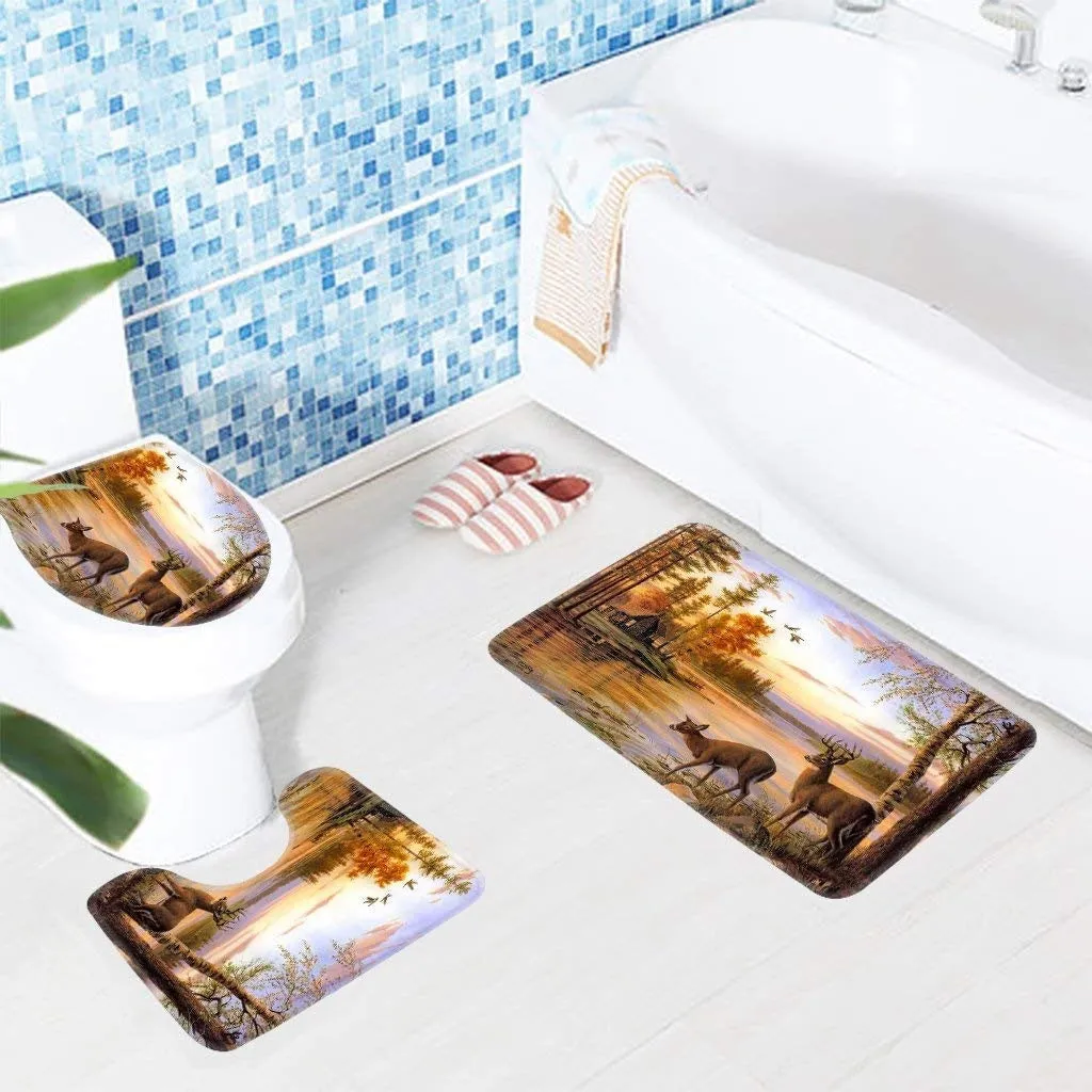 Animals Deers River Forest Bathroom Carpet Rug,Non-Slip 3 Piece Bathroom Mat Set
