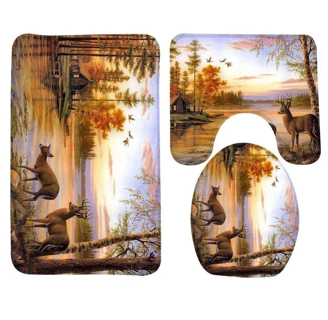 Animals Deers River Forest Bathroom Carpet Rug,Non-Slip 3 Piece Bathroom Mat Set