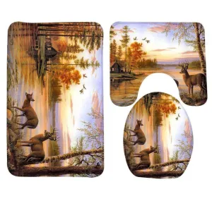 Animals Deers River Forest Bathroom Carpet Rug,Non-Slip 3 Piece Bathroom Mat Set