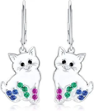 'Darling Kitty' Enamel and CZ Dangle Earrings, Sterling Silver