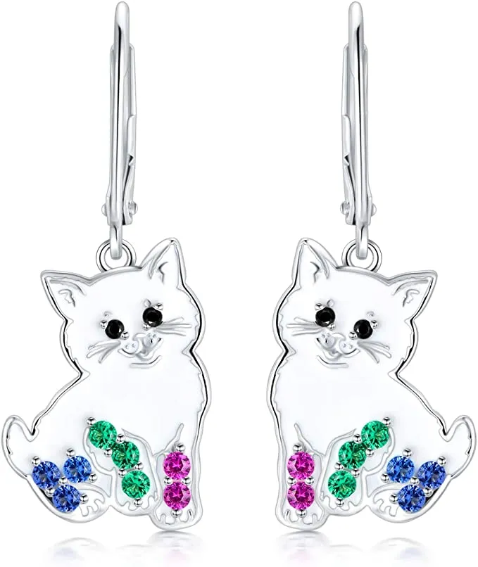 'Darling Kitty' Enamel and CZ Dangle Earrings, Sterling Silver