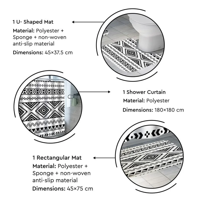 Encasa Shower Curtain & Bathmat 3 Pcs Set| Curtain 180x180 cm, Mats 45x75 cm, 45x37.5 cm| Creative Vibrant Coloured Polyster Curtain Sets with Non-Slip Bath mats for Bathroom| Black-White Pattern