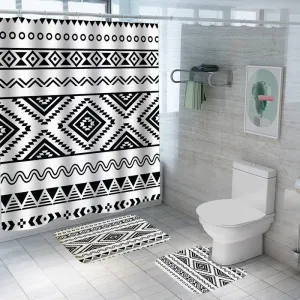 Encasa Shower Curtain & Bathmat 3 Pcs Set| Curtain 180x180 cm, Mats 45x75 cm, 45x37.5 cm| Creative Vibrant Coloured Polyster Curtain Sets with Non-Slip Bath mats for Bathroom| Black-White Pattern