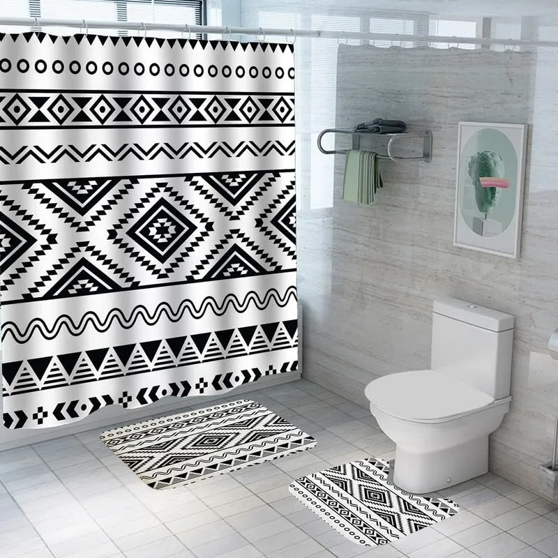 Encasa Shower Curtain & Bathmat 3 Pcs Set| Curtain 180x180 cm, Mats 45x75 cm, 45x37.5 cm| Creative Vibrant Coloured Polyster Curtain Sets with Non-Slip Bath mats for Bathroom| Black-White Pattern
