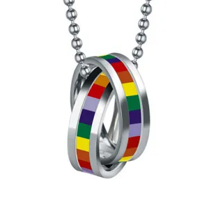 Gay Pride Rainbow Interlocking Stainless Steel Rings Necklace