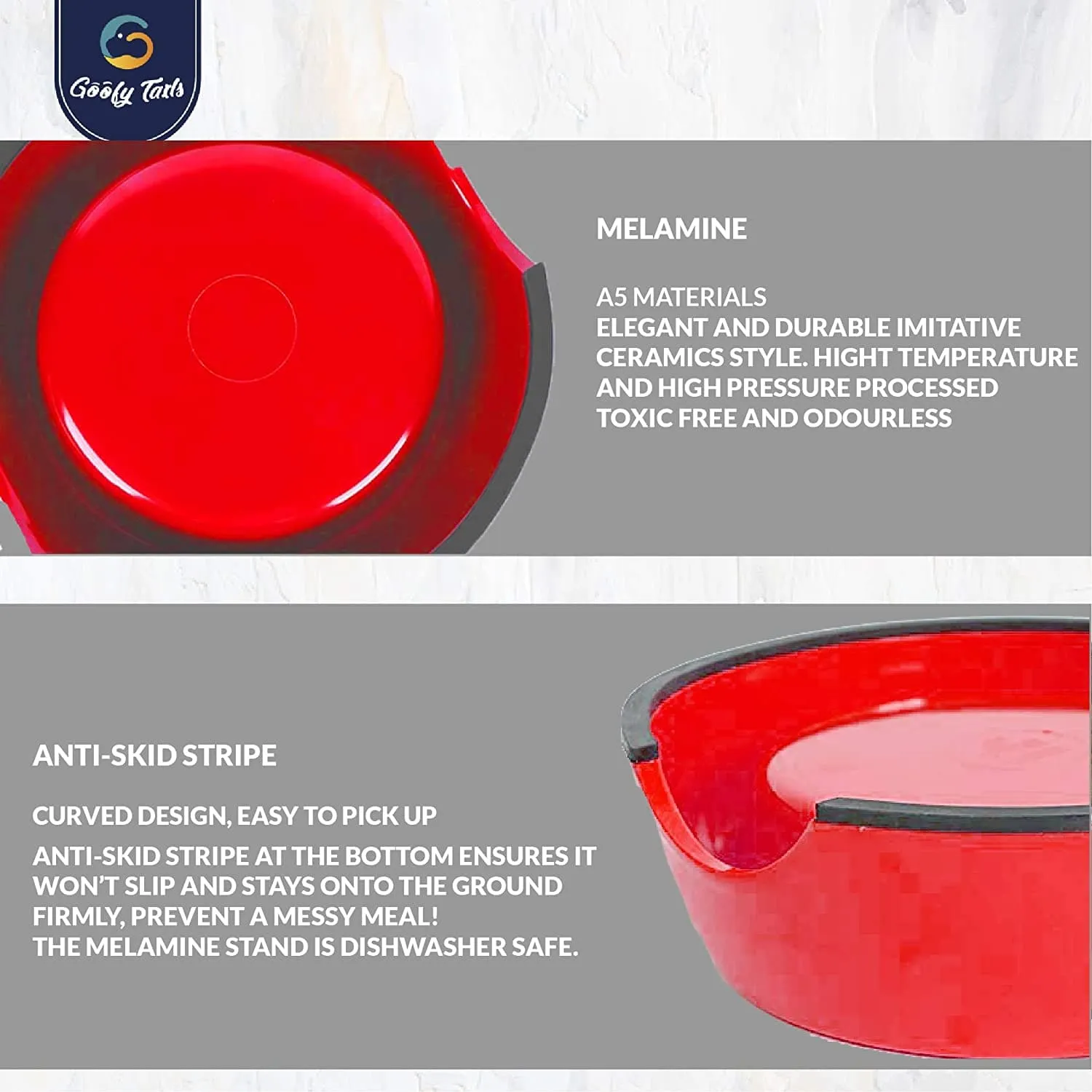 Goofy Tails Stainless Steel Anti-Skid Dog Food Bowl (Red)