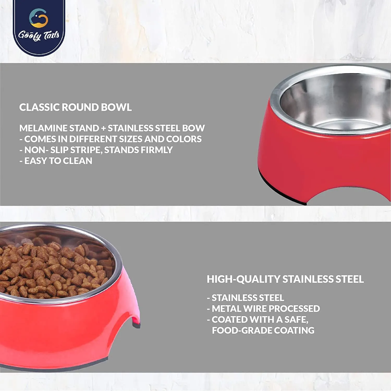 Goofy Tails Stainless Steel Anti-Skid Dog Food Bowl (Red)
