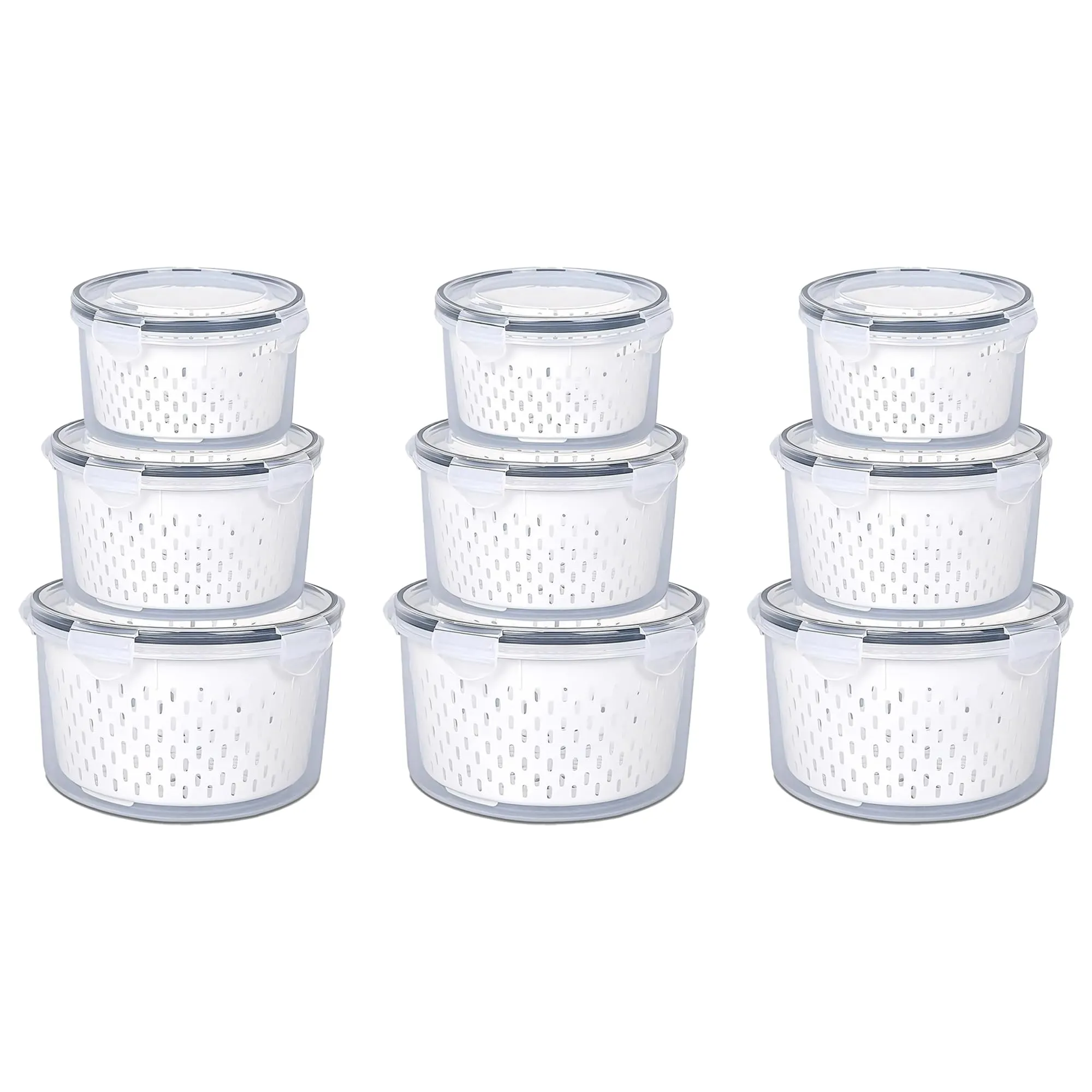 Kuber Industries 9 Pcs Food Containers | Round Storage Box for Fridge | Vegetable Fruit Strainer Basket | Refrigerator Storage Box | Containers With Airtight Lid | HXP00282 | Transparent | Pack of 3