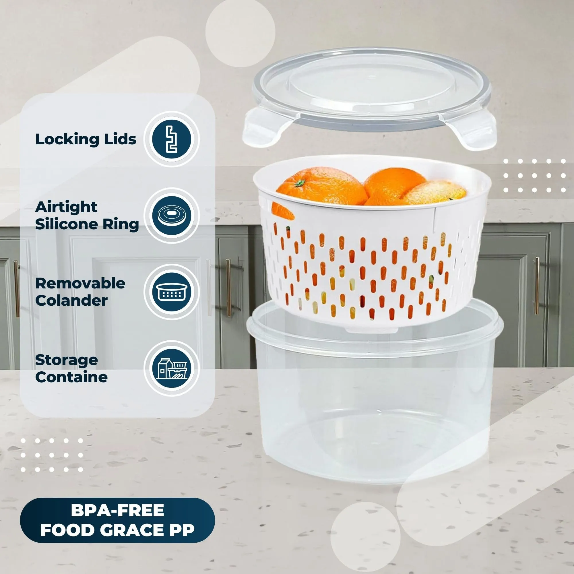 Kuber Industries 9 Pcs Food Containers | Round Storage Box for Fridge | Vegetable Fruit Strainer Basket | Refrigerator Storage Box | Containers With Airtight Lid | HXP00282 | Transparent | Pack of 3