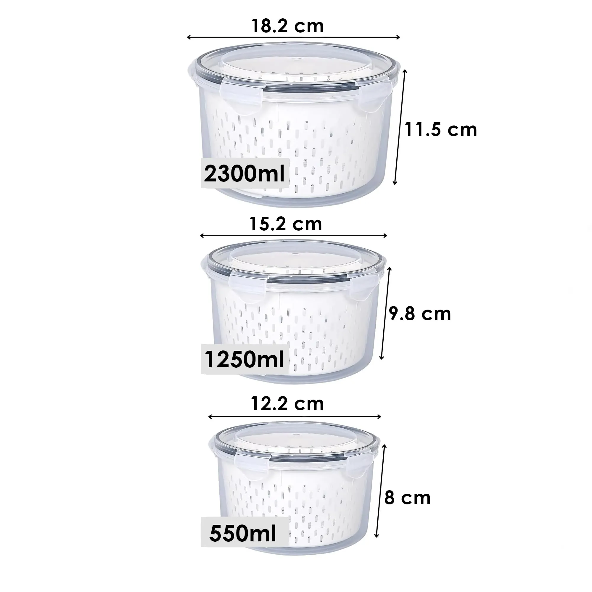 Kuber Industries 9 Pcs Food Containers | Round Storage Box for Fridge | Vegetable Fruit Strainer Basket | Refrigerator Storage Box | Containers With Airtight Lid | HXP00282 | Transparent | Pack of 3
