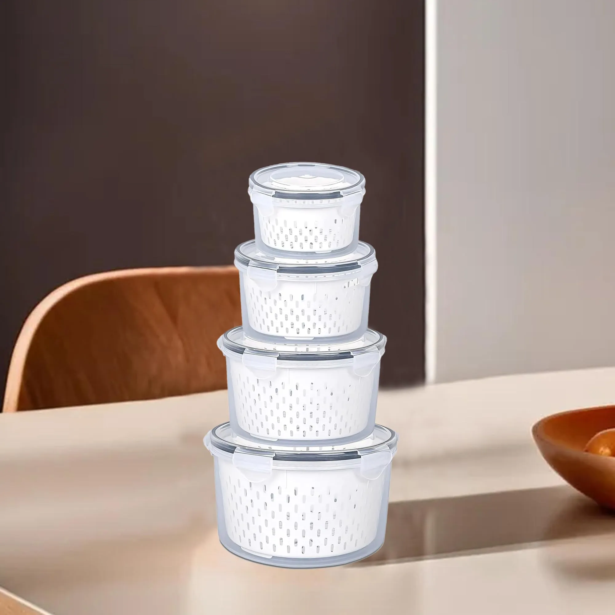 Kuber Industries (Pack of 4) Food Containers | Round Storage Box for Fridge | Vegetable Fruit Strainer Basket | Refrigerator Storage Box | Containers With Airtight Lid | HXP00285 | Transparent