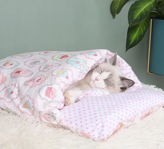 PETLAVISH™ Burrow Calming Cat/Puppy Sleeping Bag - Cozy Plush Kennel w/ Pillow