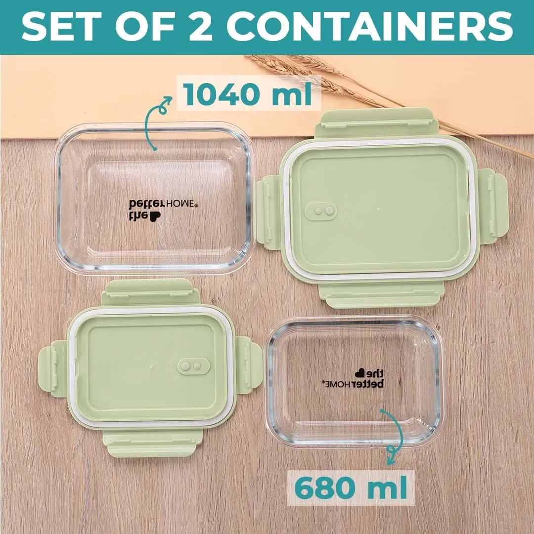 The Better Home Borosilicate Glass Lunch Box | Tiffin Box for Office for Men Women |Lunch Box for Women School Kids |Microwave Safe Leak Proof Airtight Lunch Boxes (Green) (680ml & 1040ml)