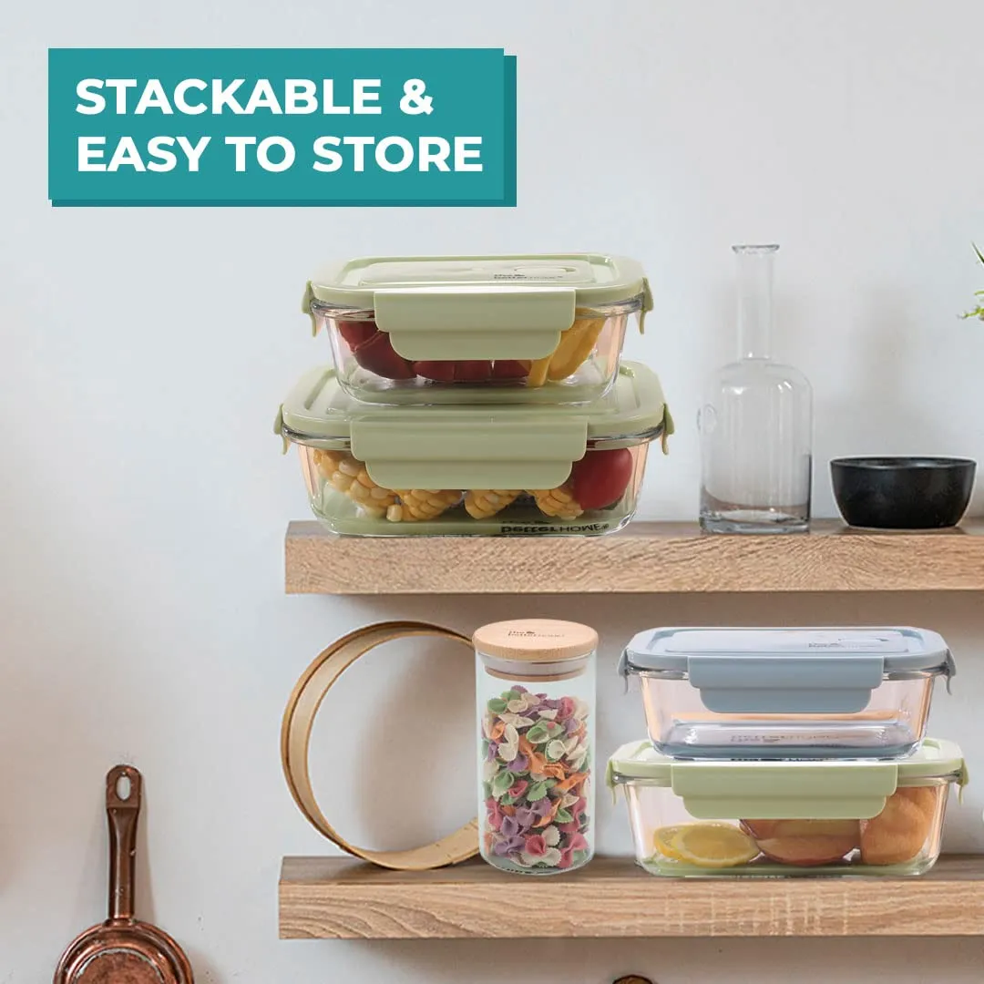 The Better Home Borosilicate Glass Lunch Box | Tiffin Box for Office for Men Women |Lunch Box for Women School Kids |Microwave Safe Leak Proof Airtight Lunch Boxes (Green) (680ml & 1040ml)