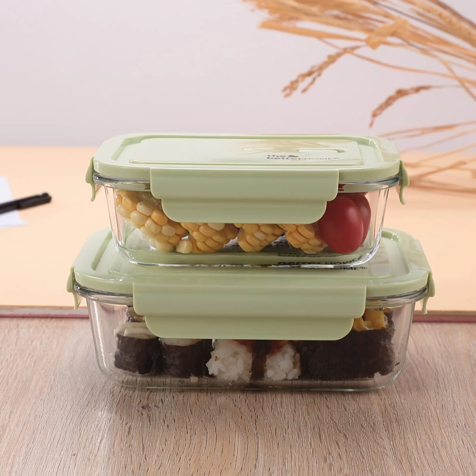 The Better Home Borosilicate Glass Lunch Box | Tiffin Box for Office for Men Women |Lunch Box for Women School Kids |Microwave Safe Leak Proof Airtight Lunch Boxes (Green) (680ml & 1040ml)